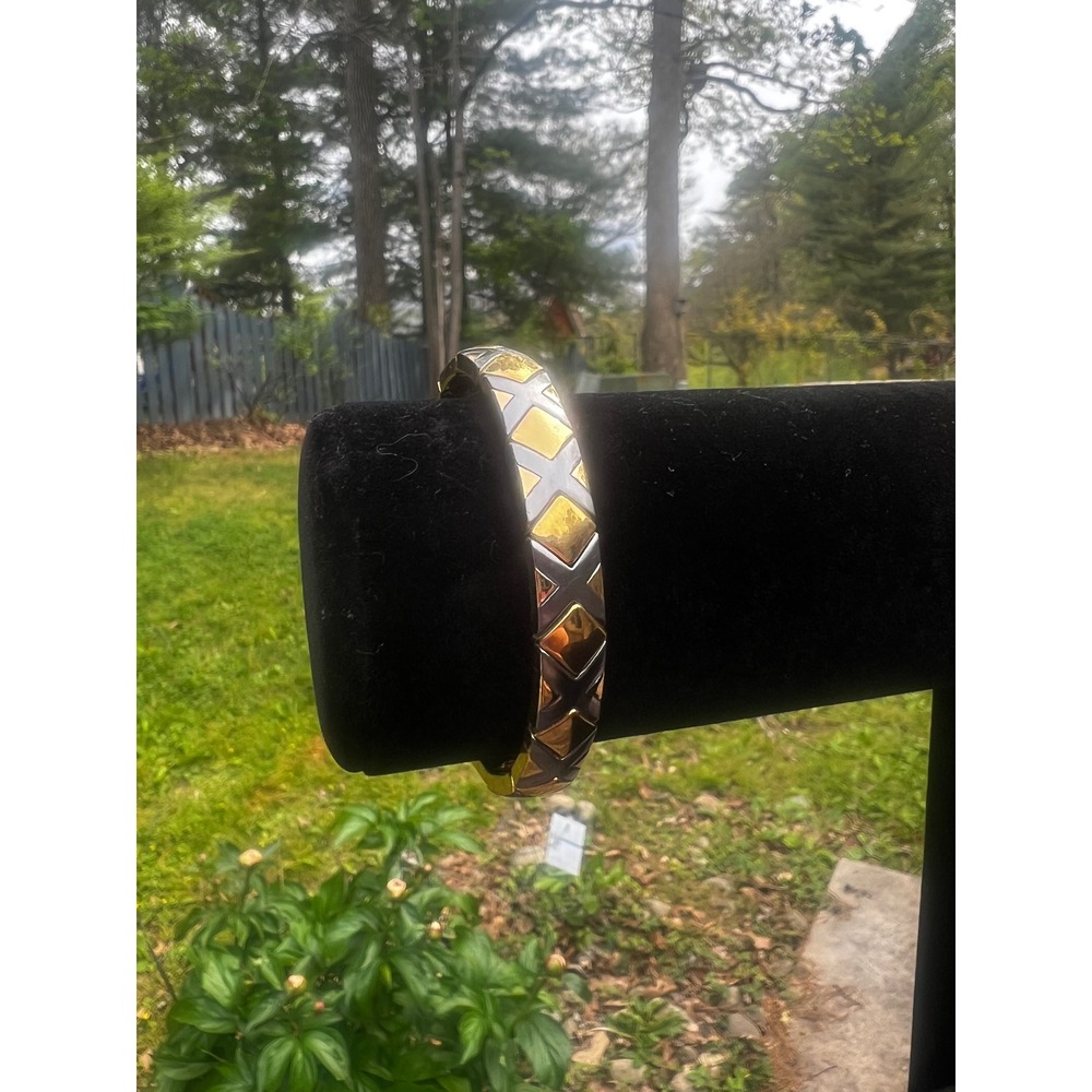 Vtg Gold Gunmetal Geometric X‎ Diamond Hinged Cuff Adjustable Cuff Bracelet